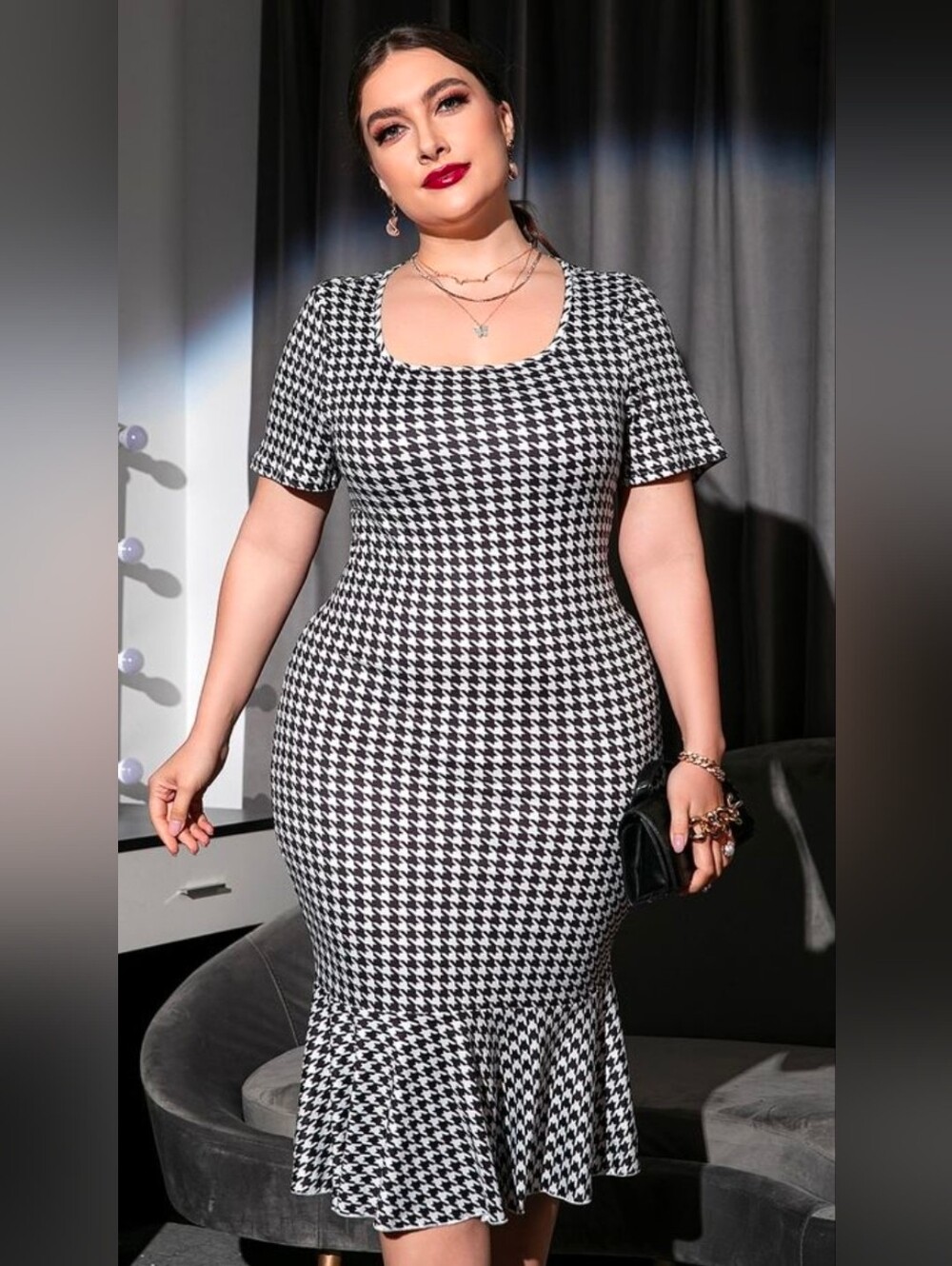 SHEIN Black and White Houndstooth Maxi Dress